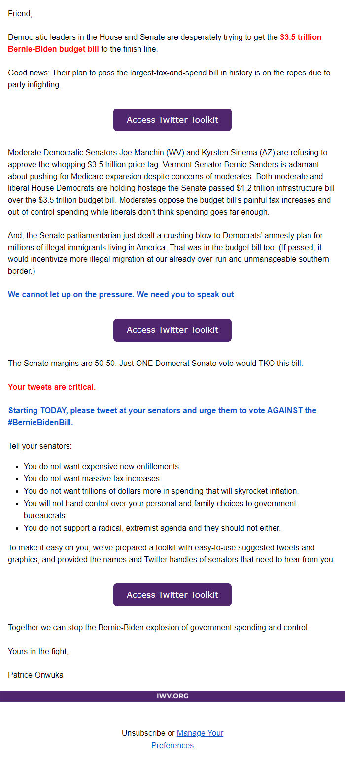 Screenshot of the email generated on import