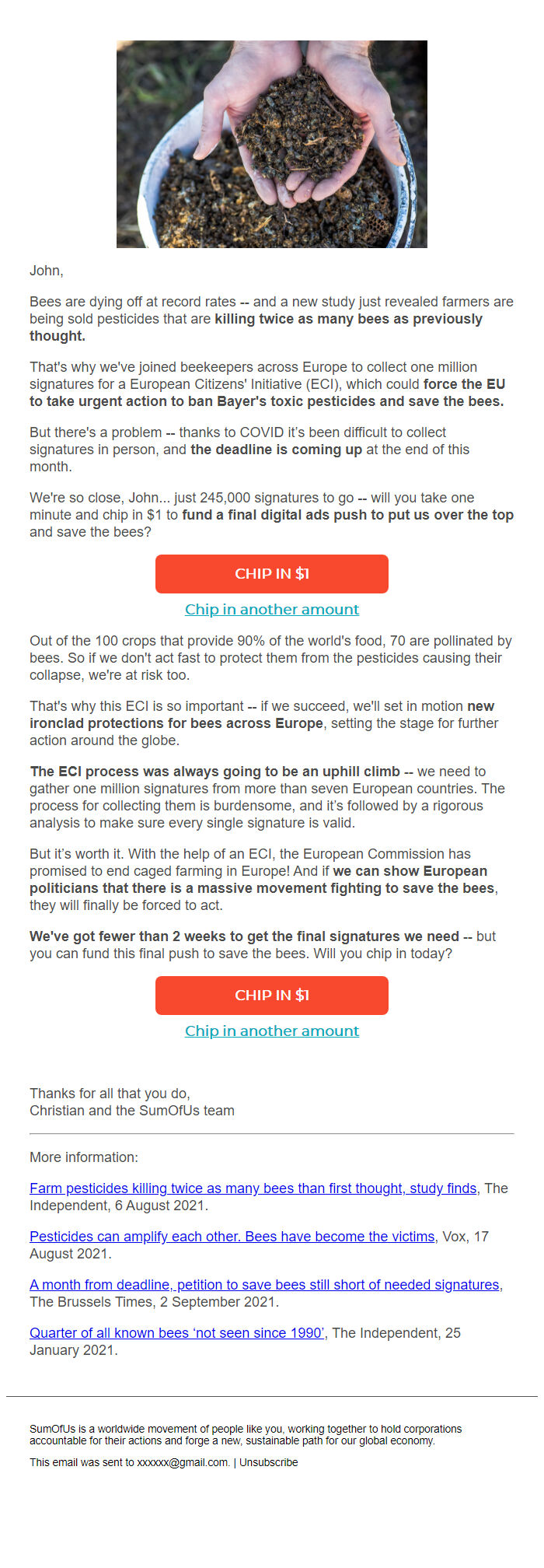 Screenshot of the email generated on import