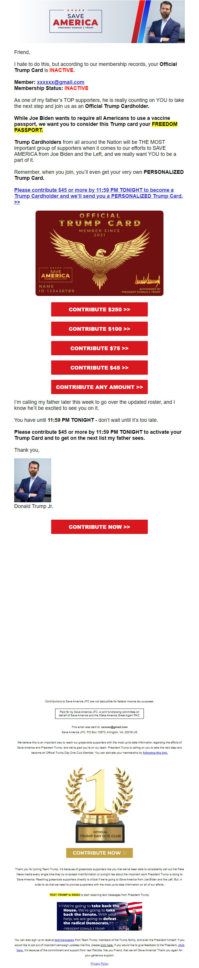 Screenshot of the email generated on import