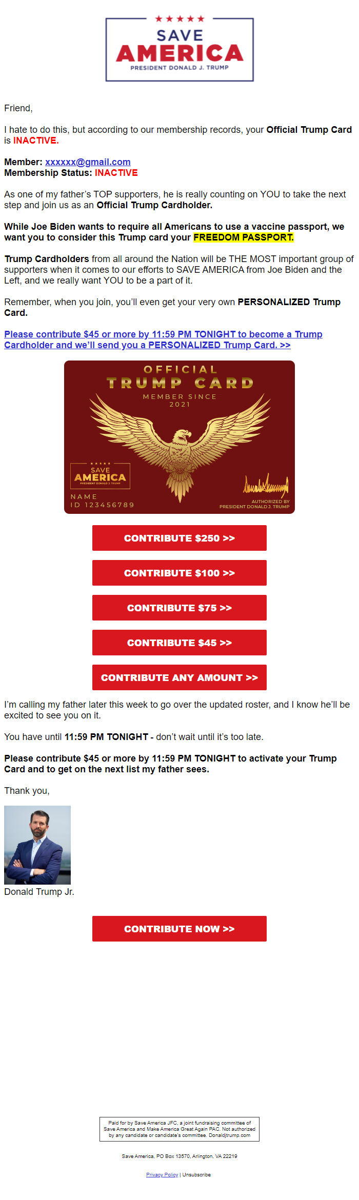 Screenshot of the email generated on import