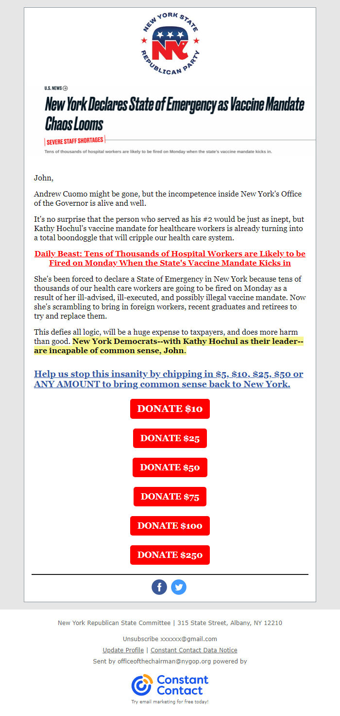Screenshot of the email generated on import