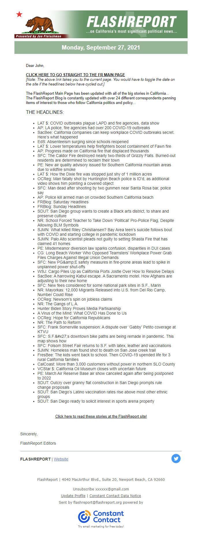 Screenshot of the email generated on import