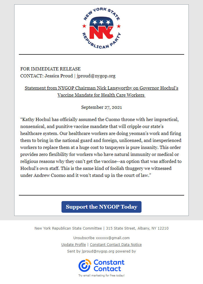 Screenshot of the email generated on import