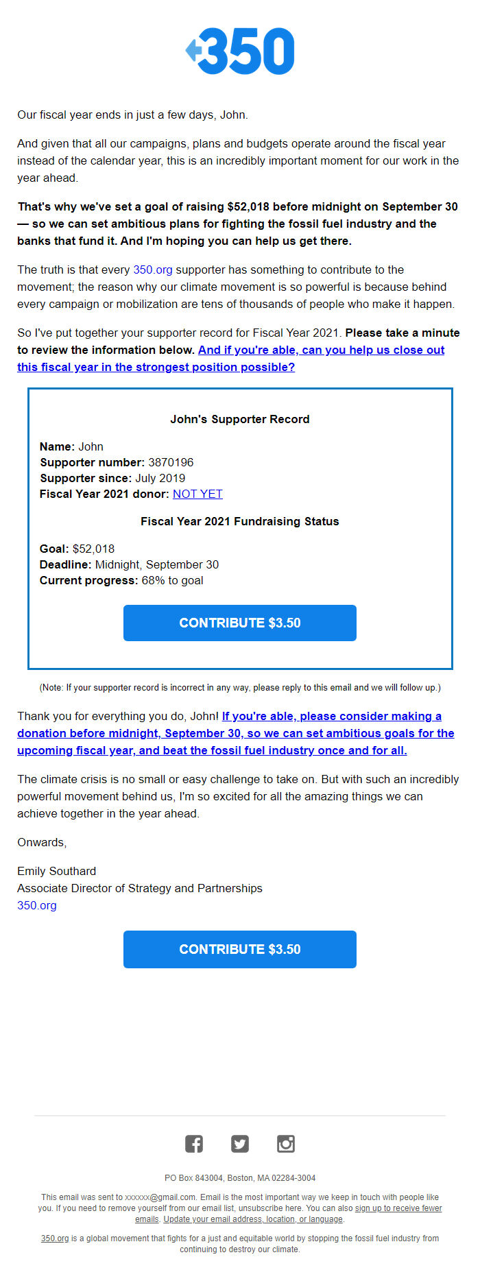 Screenshot of the email generated on import