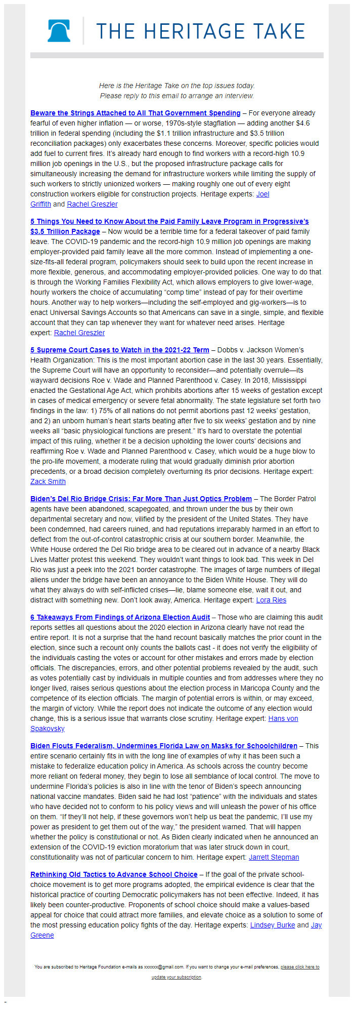 Screenshot of the email generated on import