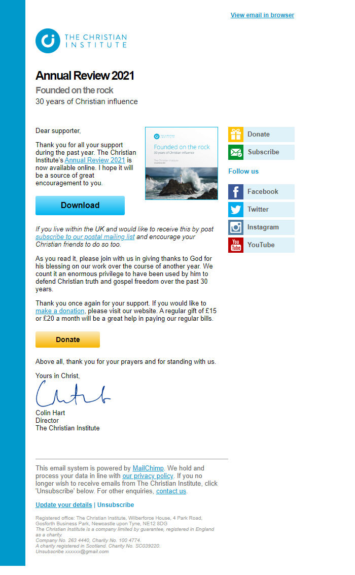 Screenshot of the email generated on import