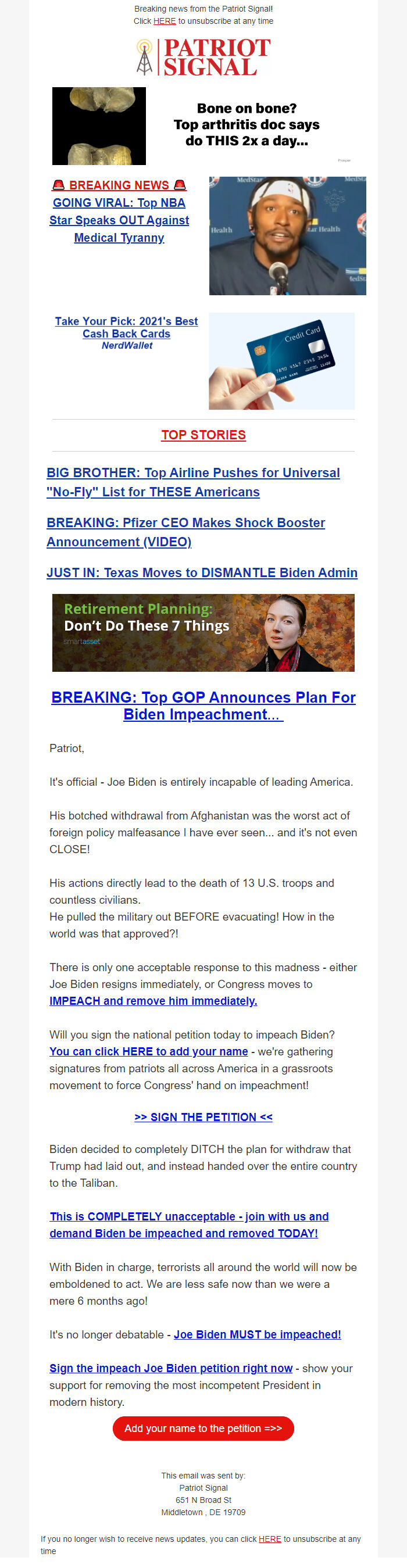 Screenshot of the email generated on import