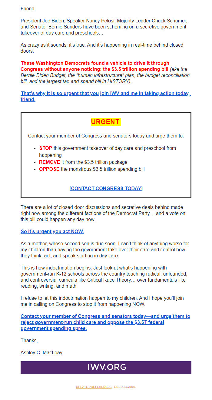 Screenshot of the email generated on import