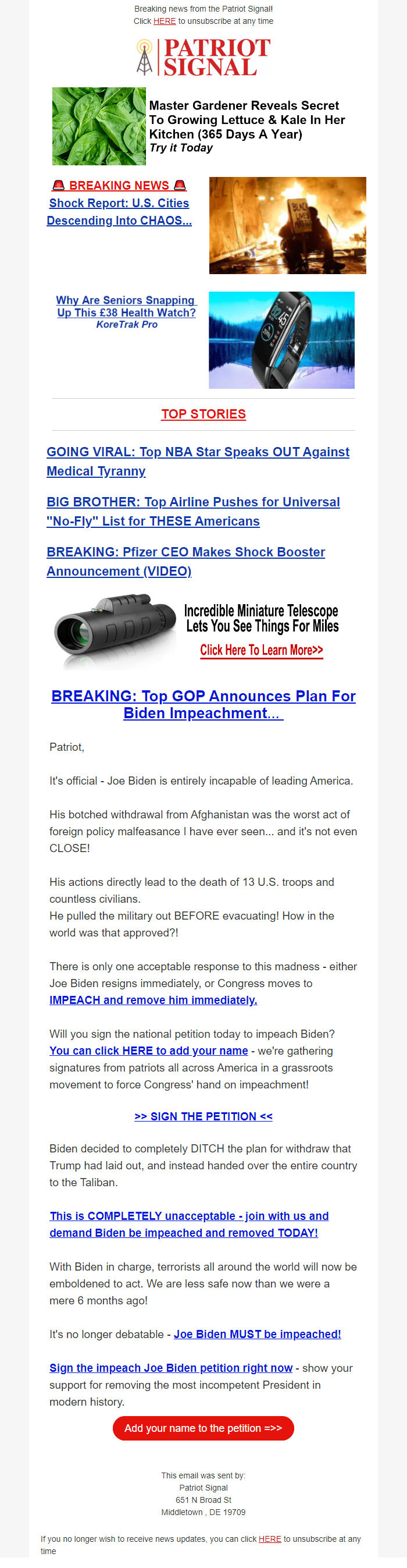 Screenshot of the email generated on import