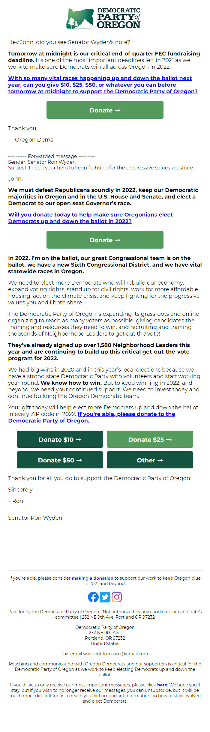 Screenshot of the email generated on import