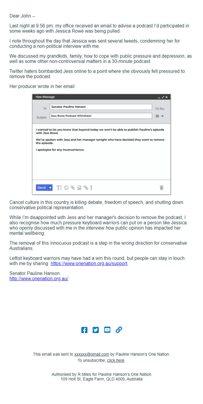 Screenshot of the email generated on import