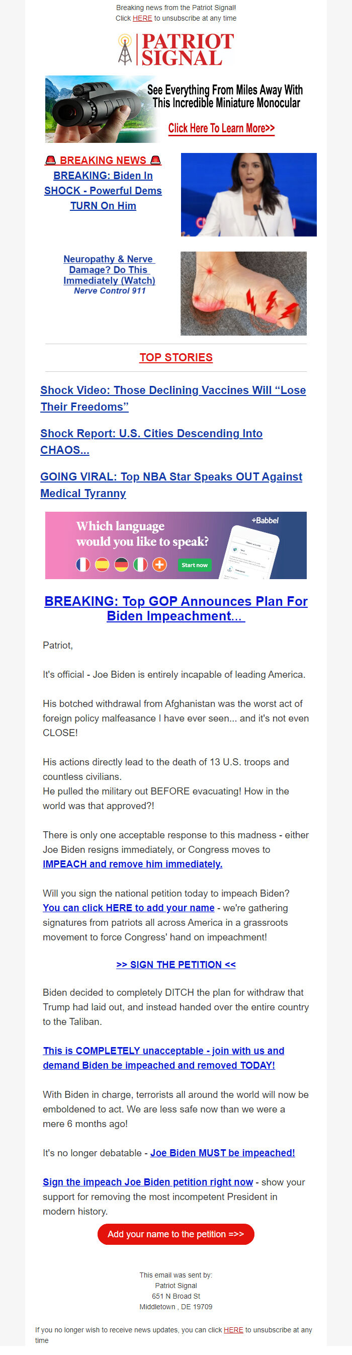 Screenshot of the email generated on import