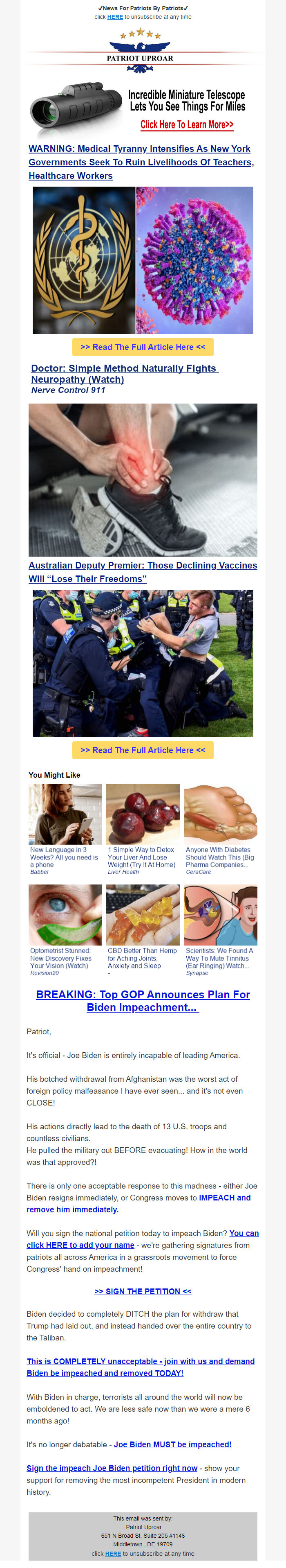 Screenshot of the email generated on import