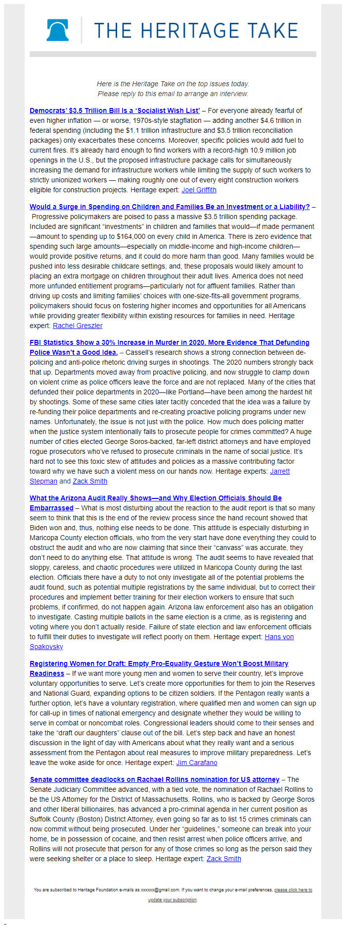Screenshot of the email generated on import