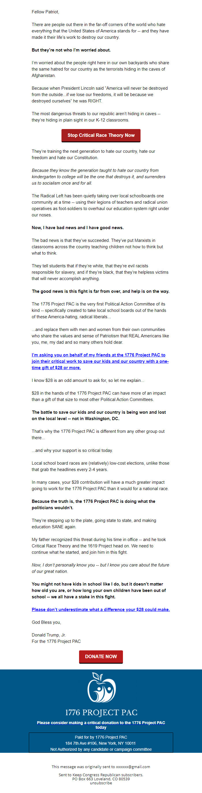 Screenshot of the email generated on import