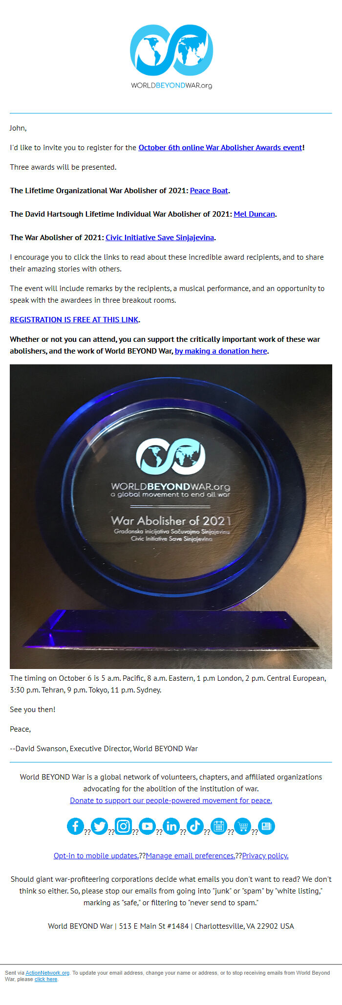 Screenshot of the email generated on import