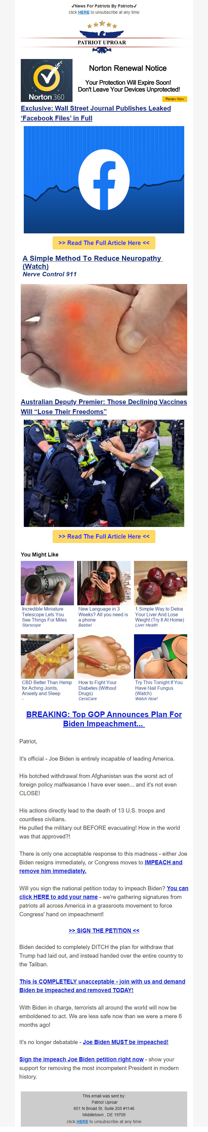 Screenshot of the email generated on import