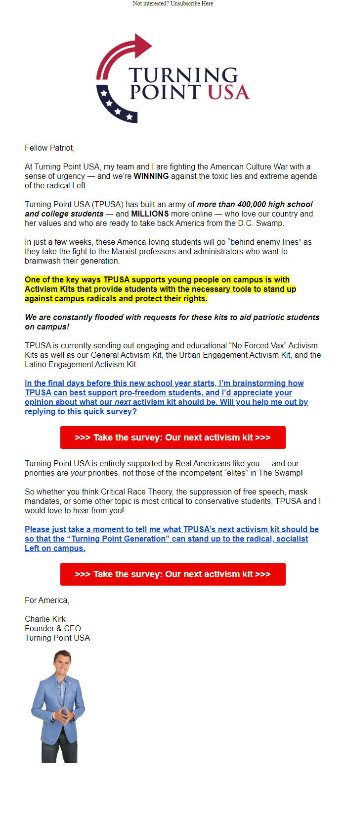 Screenshot of the email generated on import