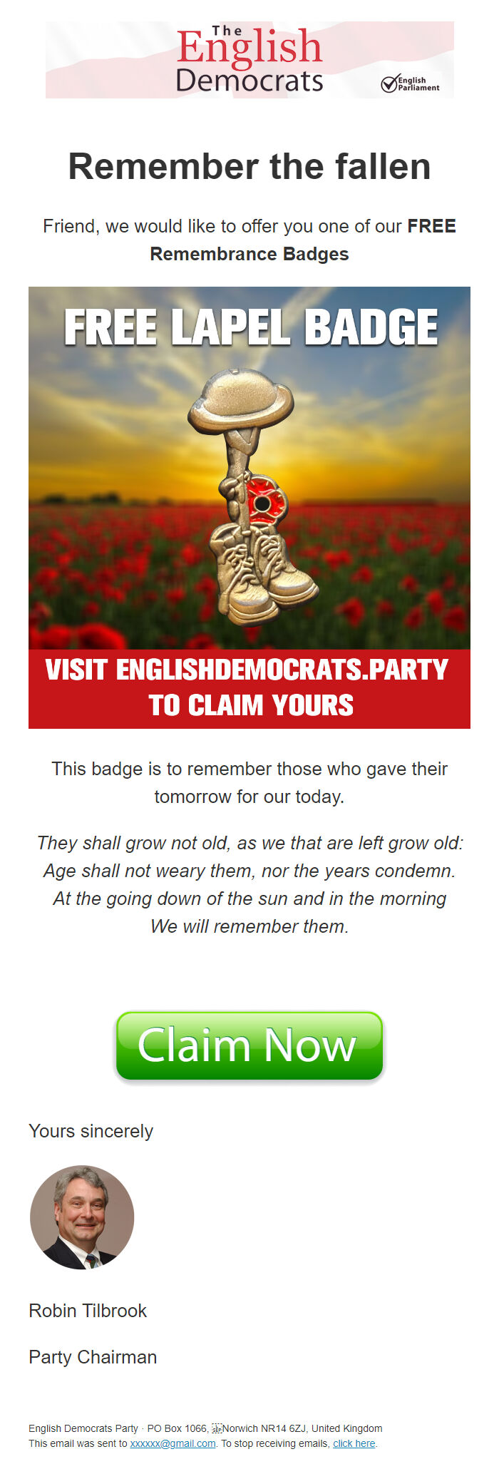 Screenshot of the email generated on import