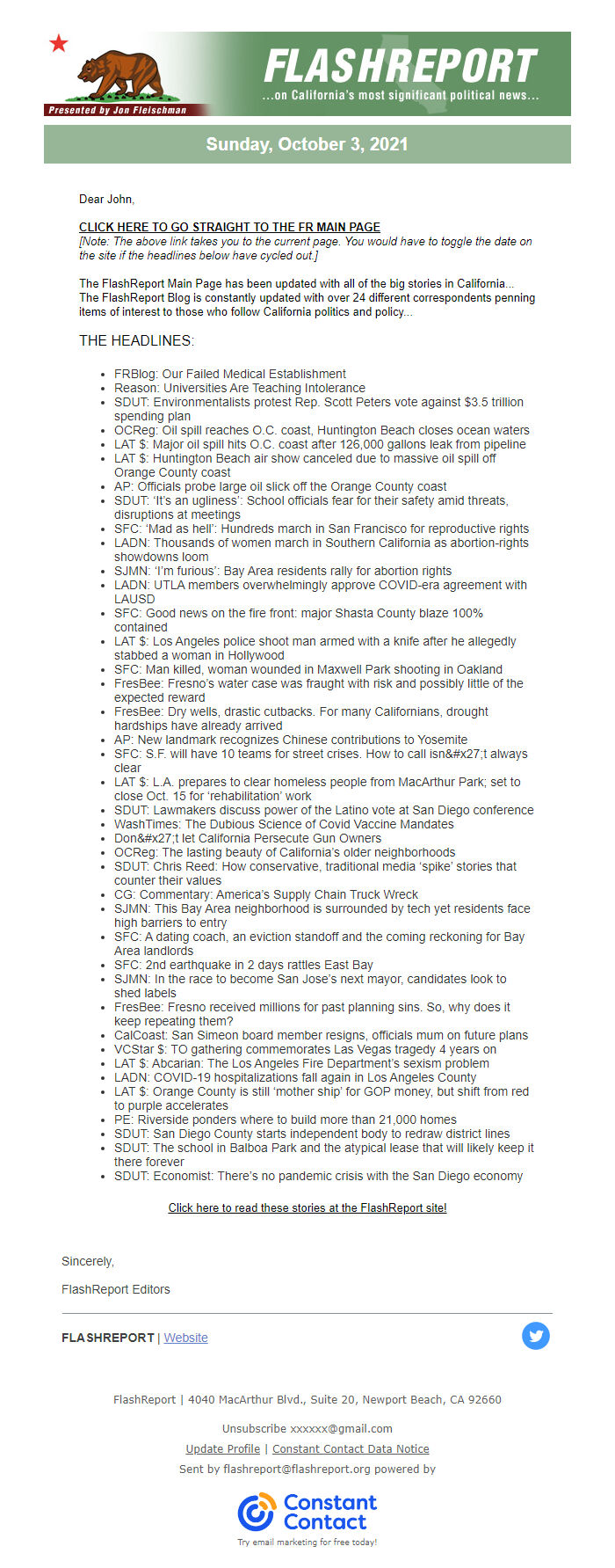 Screenshot of the email generated on import