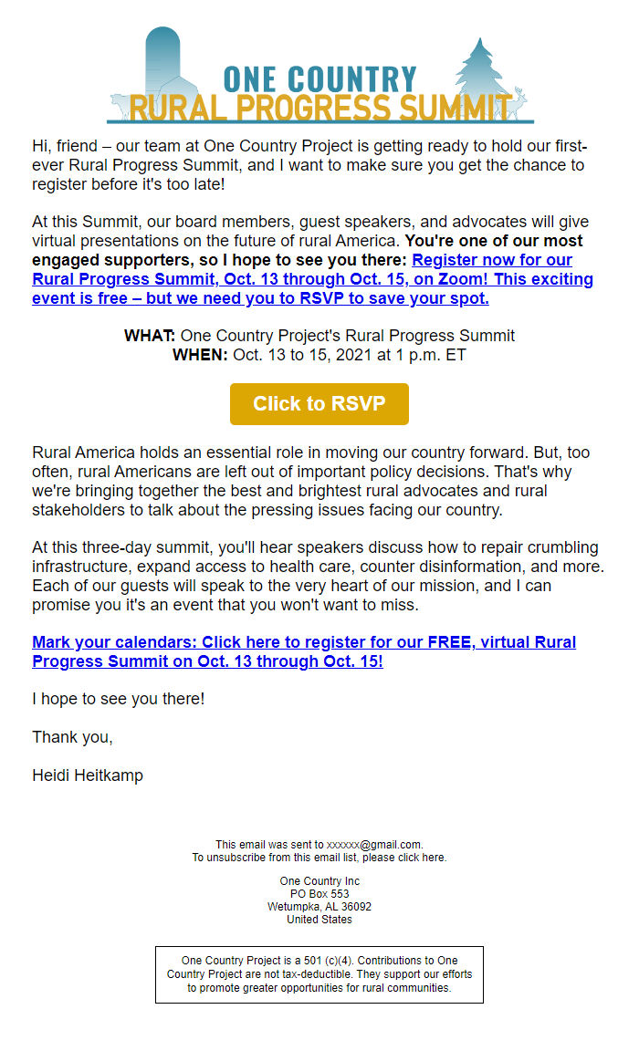 Screenshot of the email generated on import