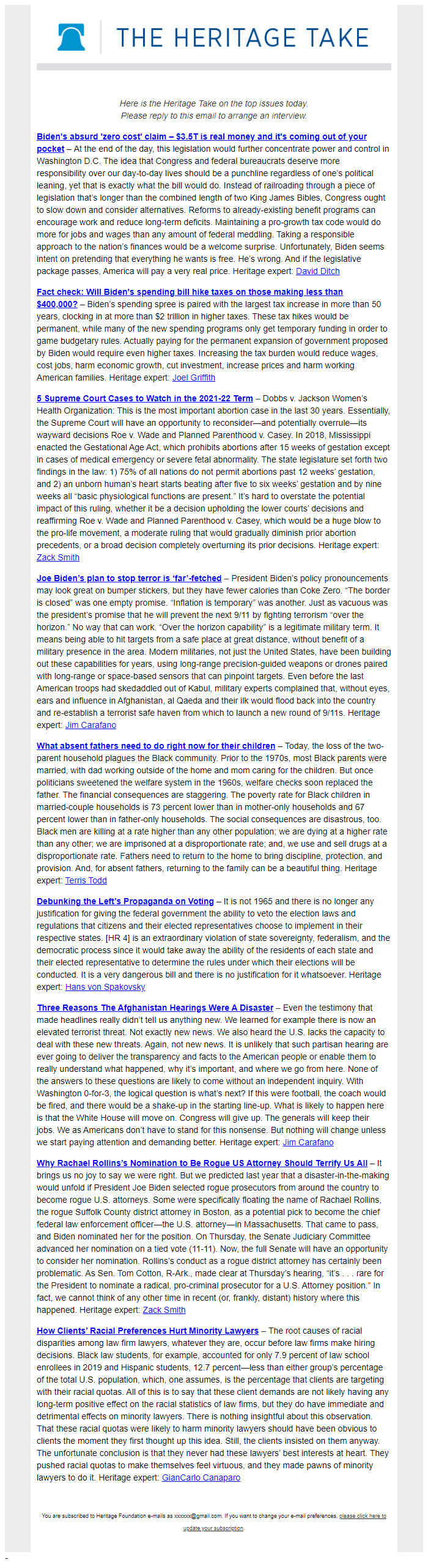 Screenshot of the email generated on import