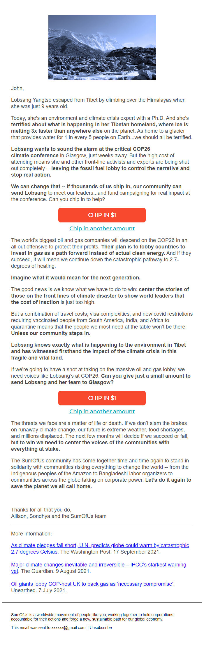 Screenshot of the email generated on import