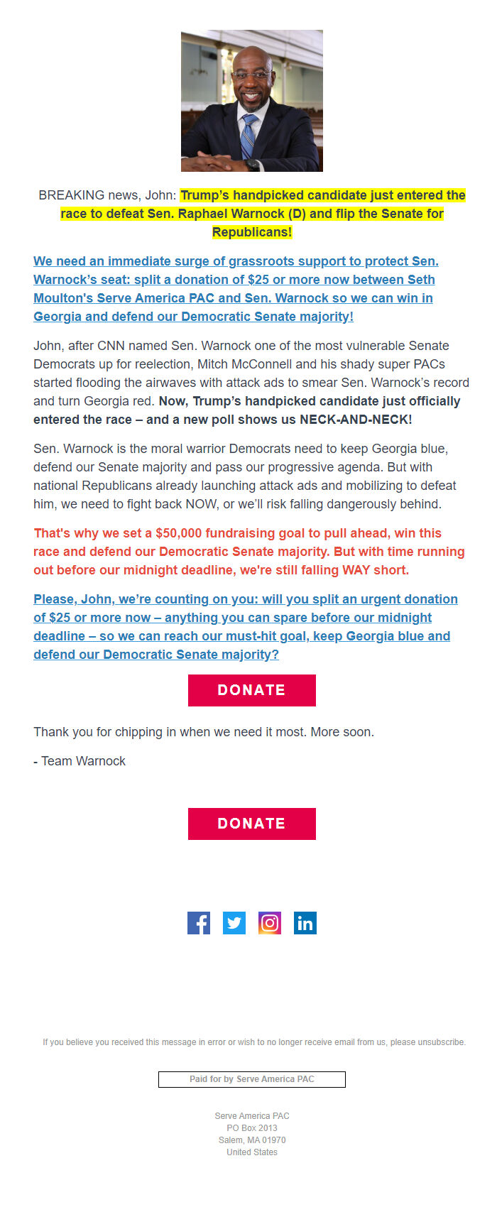 Screenshot of the email generated on import