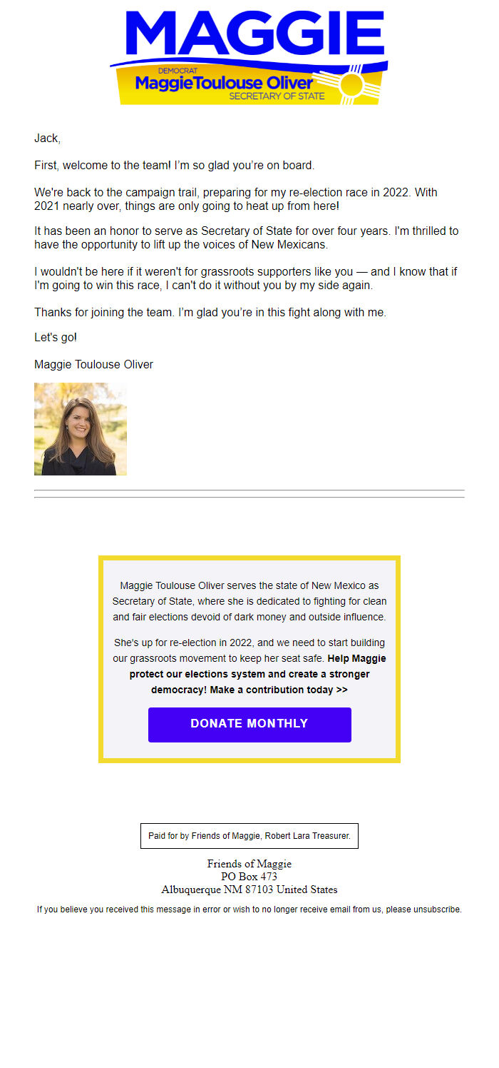 Screenshot of the email generated on import