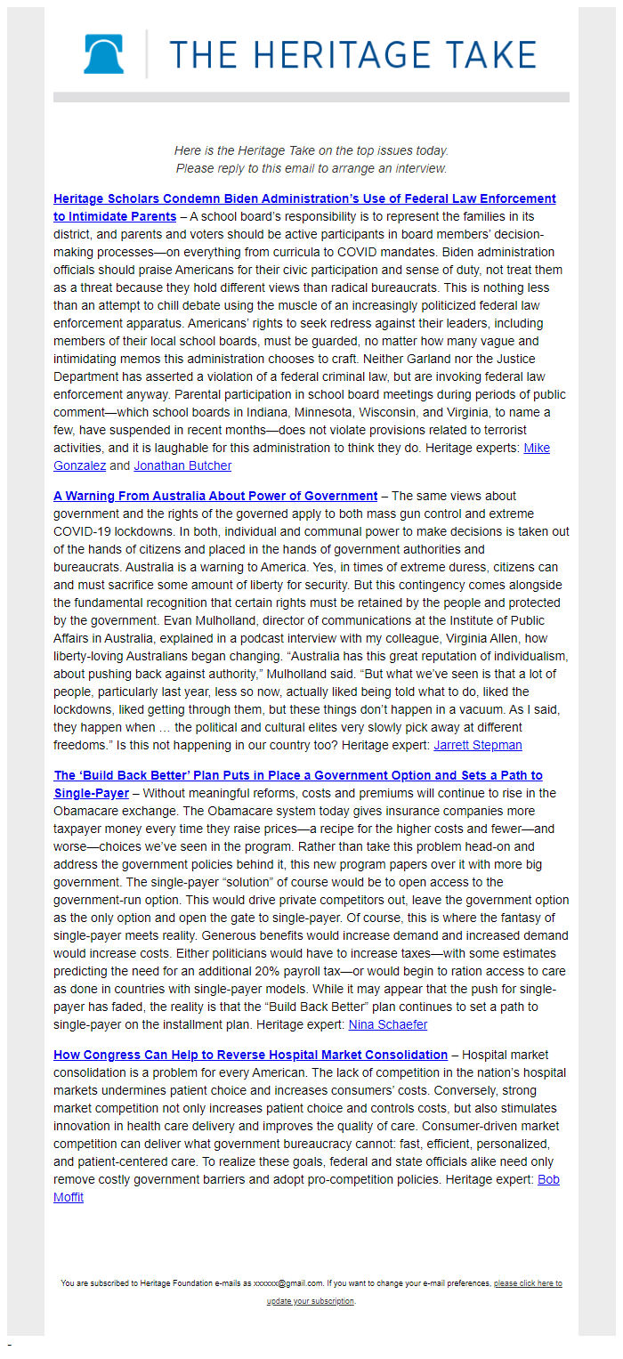 Screenshot of the email generated on import