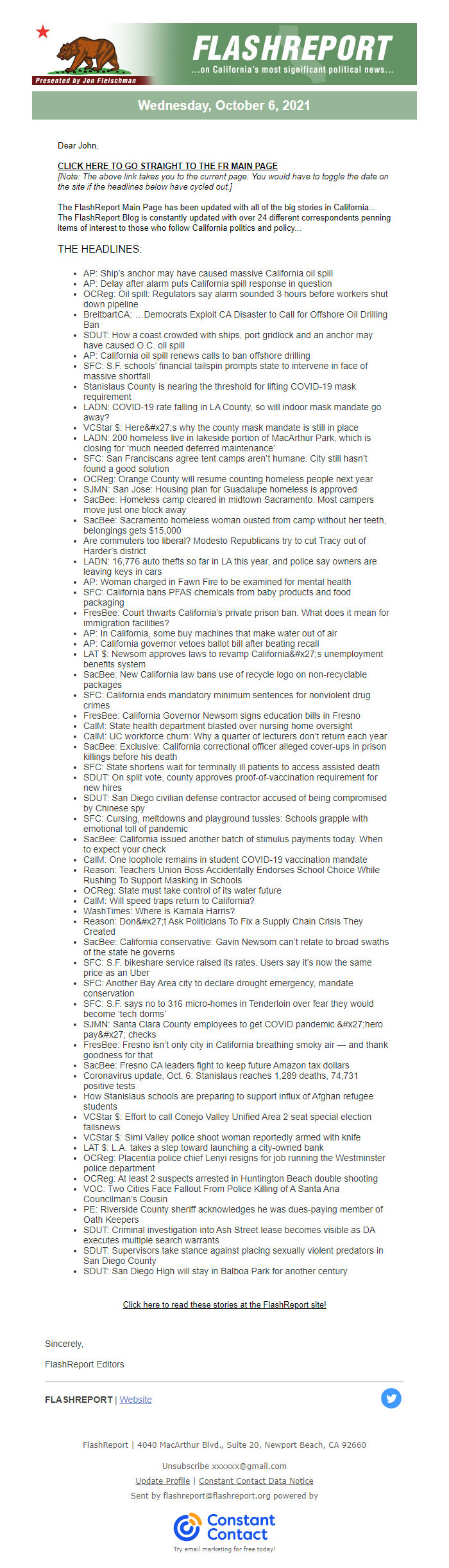 Screenshot of the email generated on import