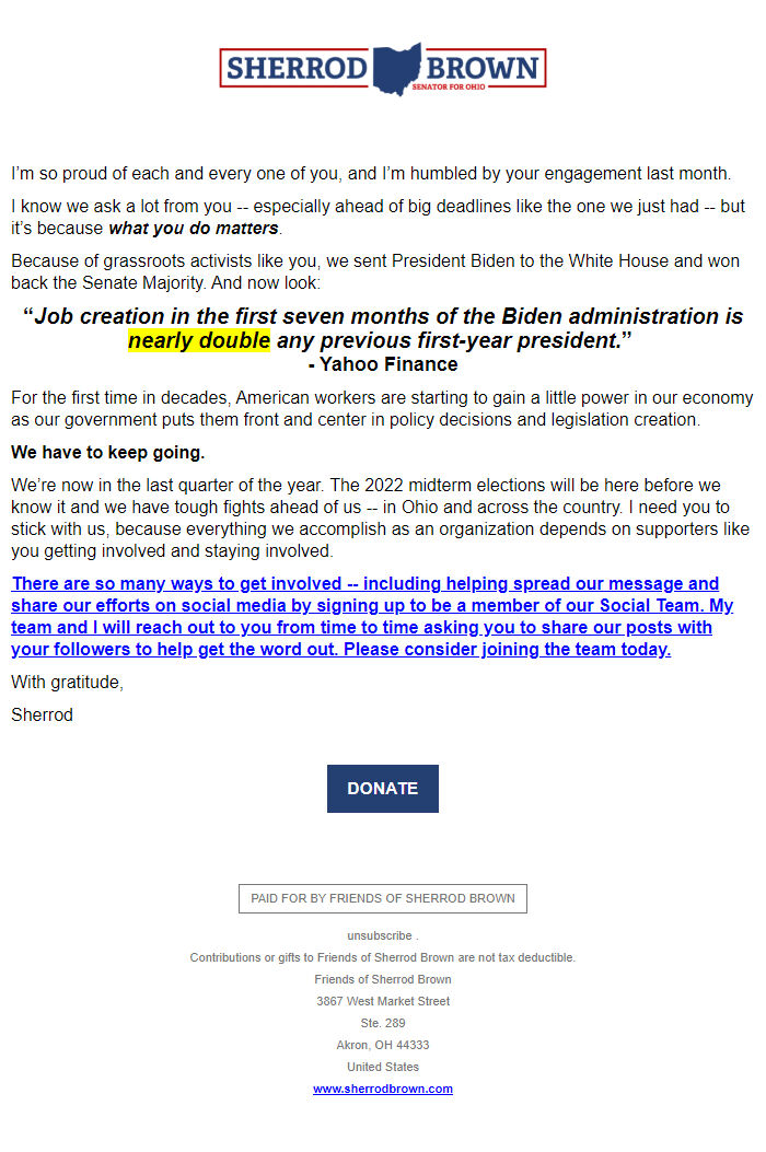 Screenshot of the email generated on import