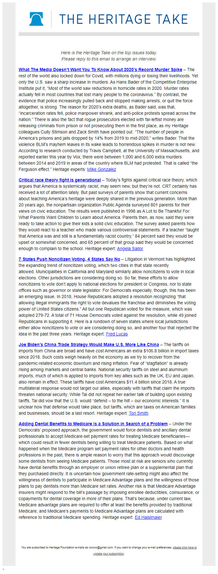 Screenshot of the email generated on import