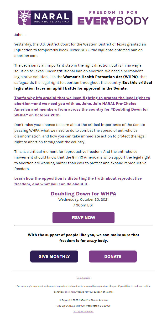 Screenshot of the email generated on import