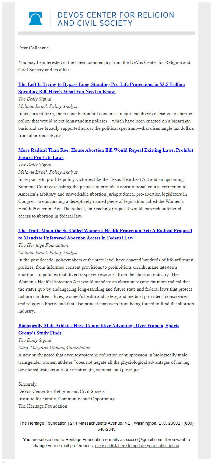Screenshot of the email generated on import