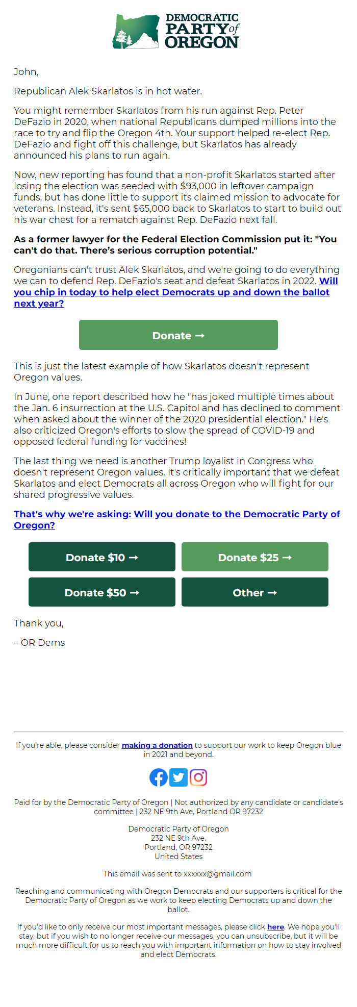 Screenshot of the email generated on import