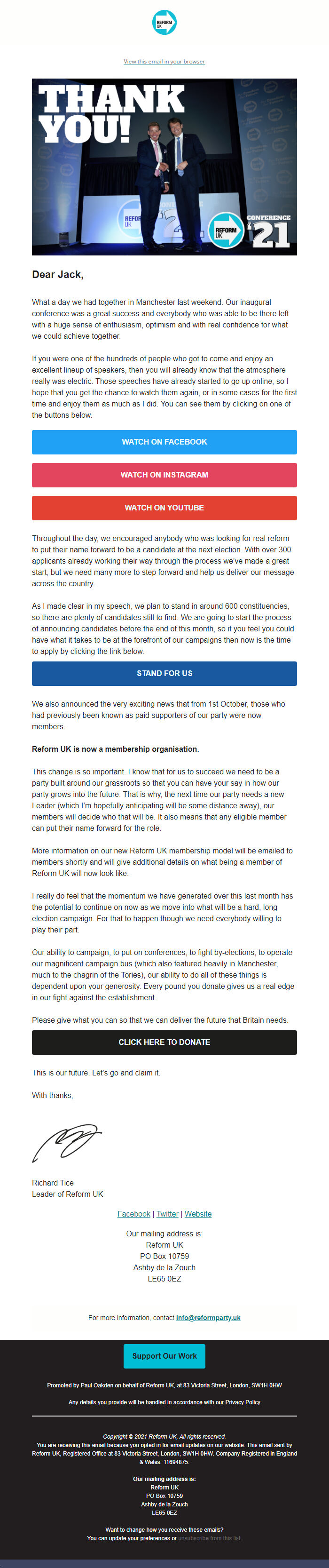 Screenshot of the email generated on import