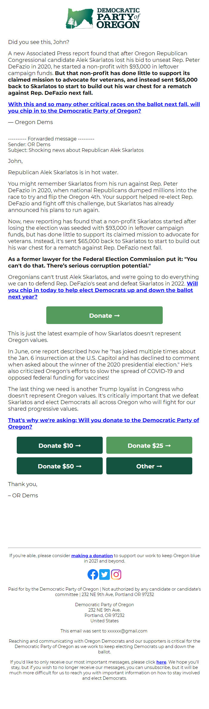 Screenshot of the email generated on import