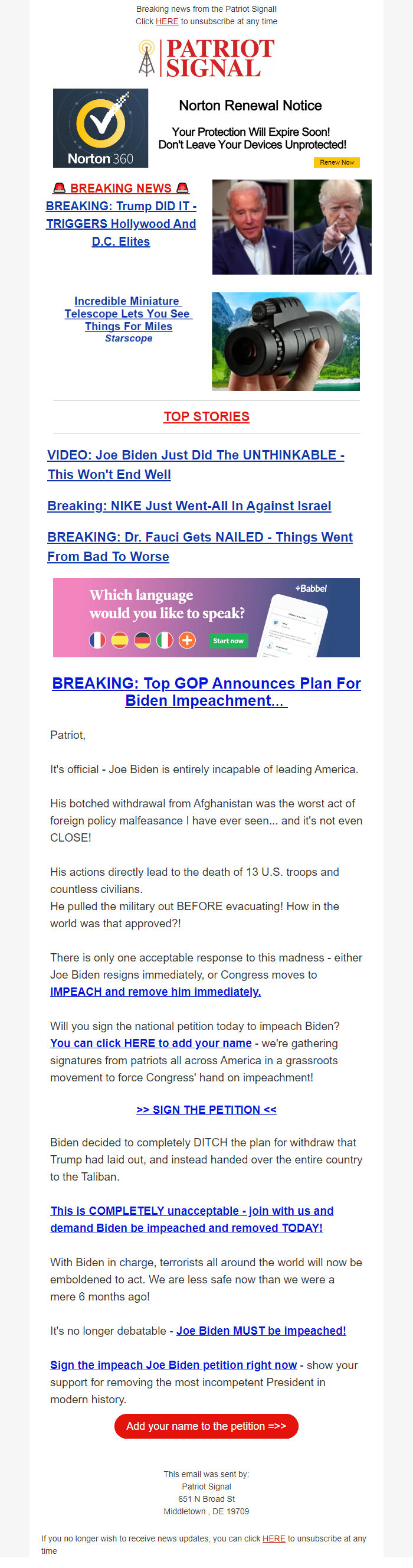 Screenshot of the email generated on import