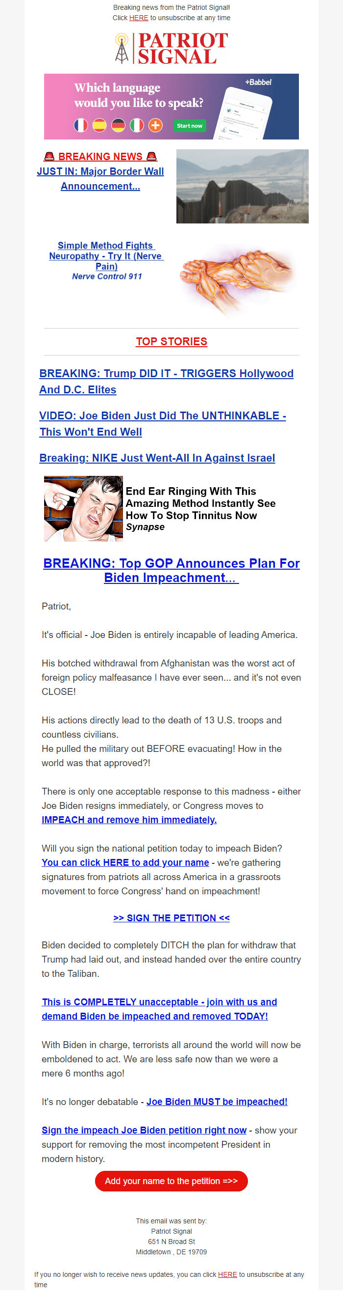 Screenshot of the email generated on import