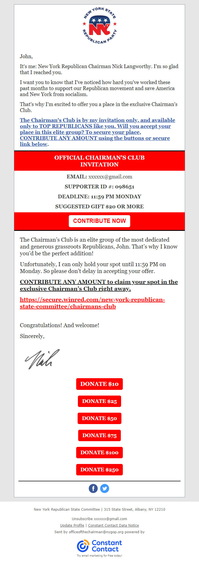 Screenshot of the email generated on import