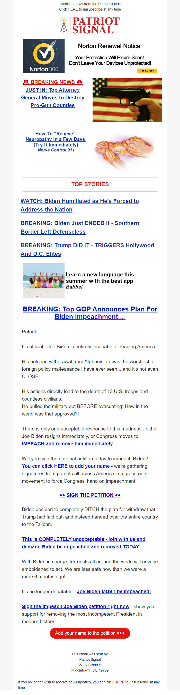 Screenshot of the email generated on import