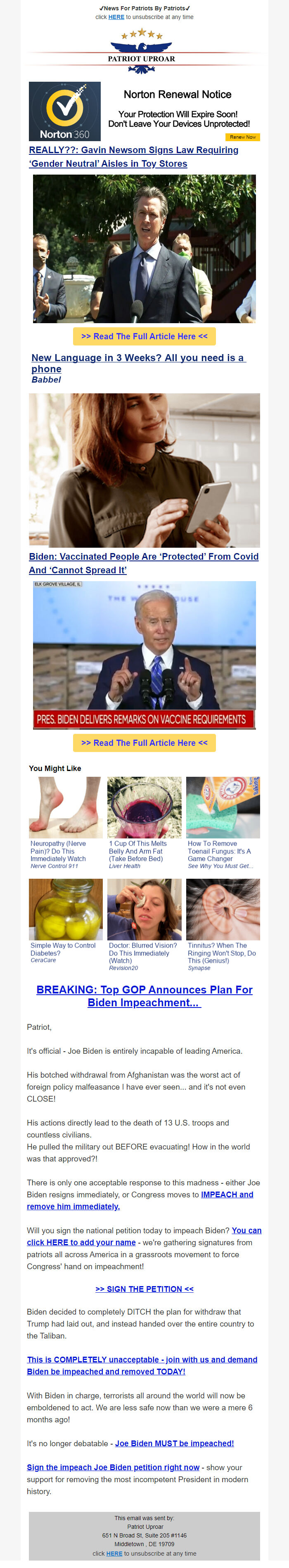 Screenshot of the email generated on import
