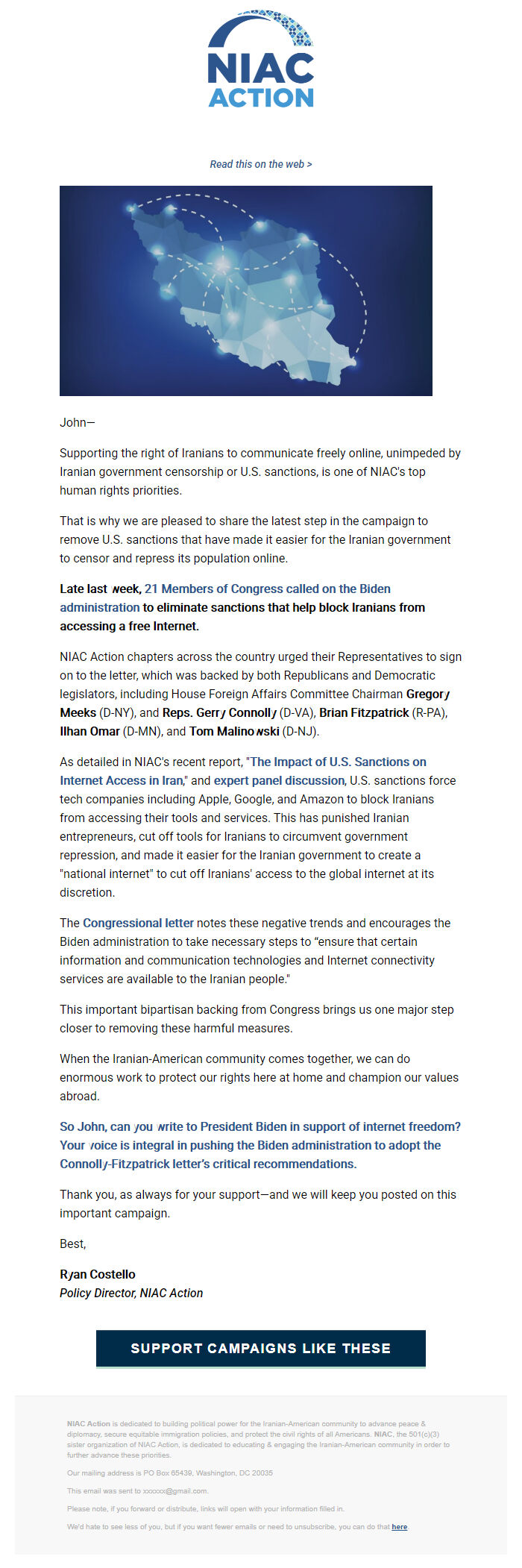 Screenshot of the email generated on import