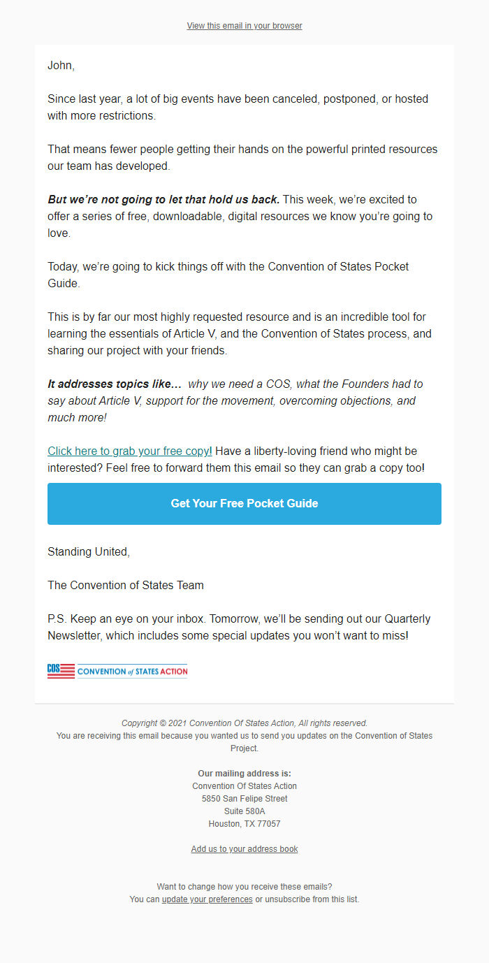 Screenshot of the email generated on import