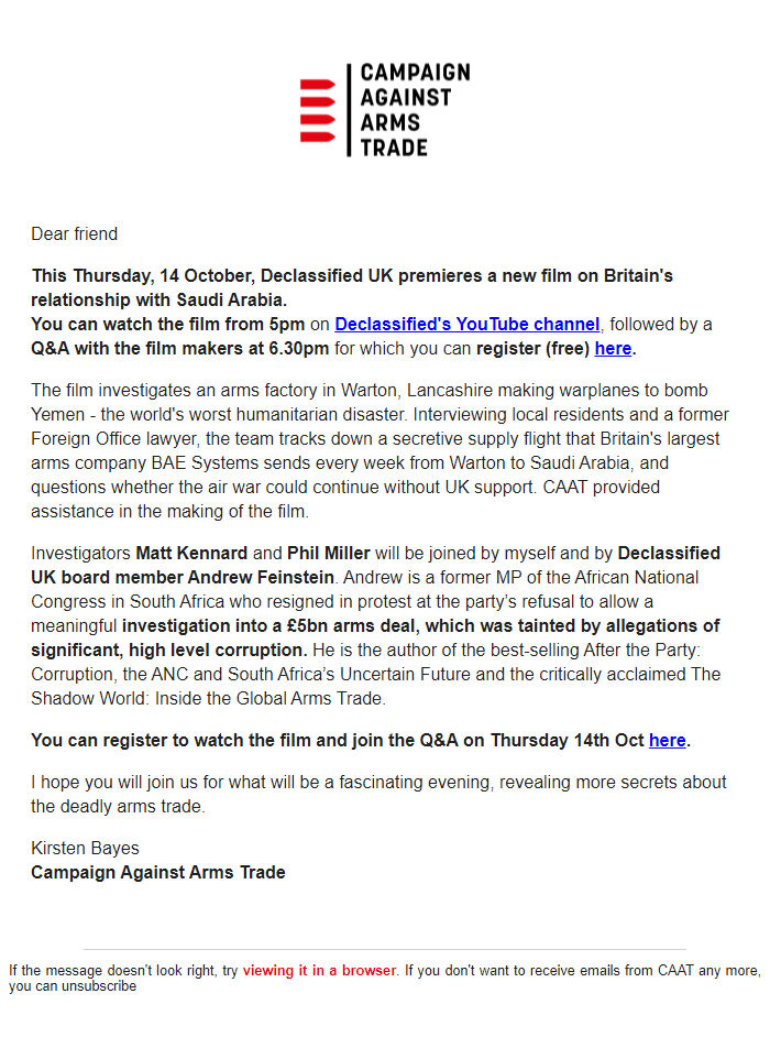 Screenshot of the email generated on import