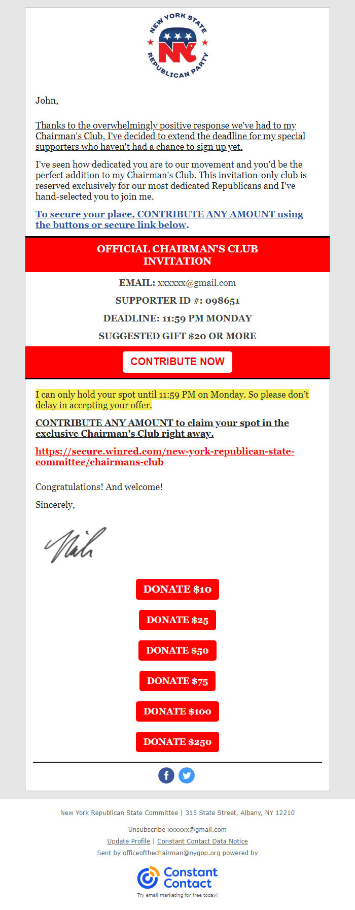 Screenshot of the email generated on import