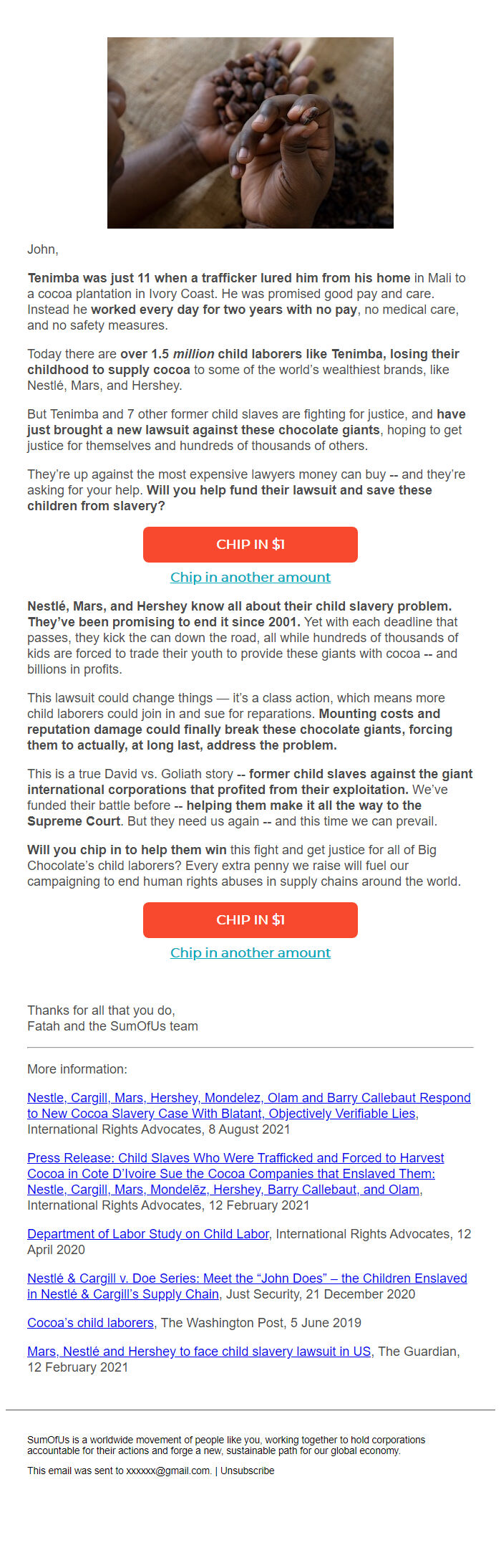 Screenshot of the email generated on import