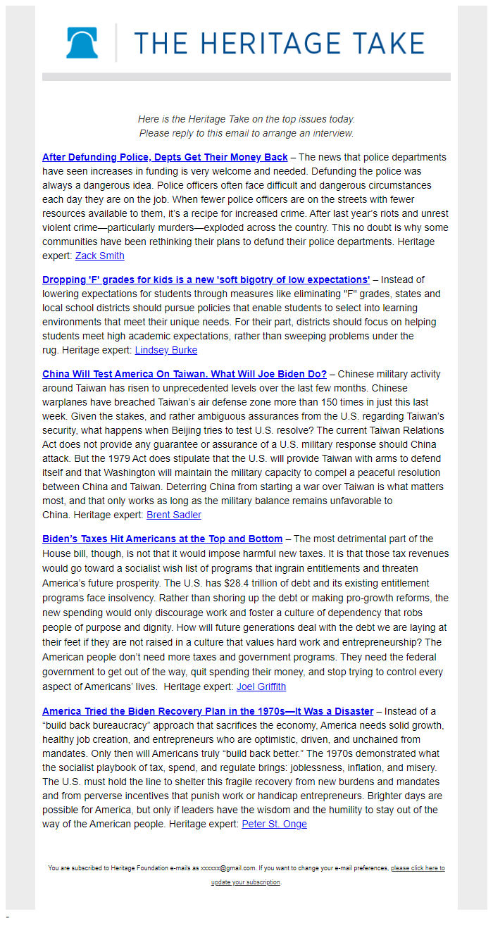 Screenshot of the email generated on import