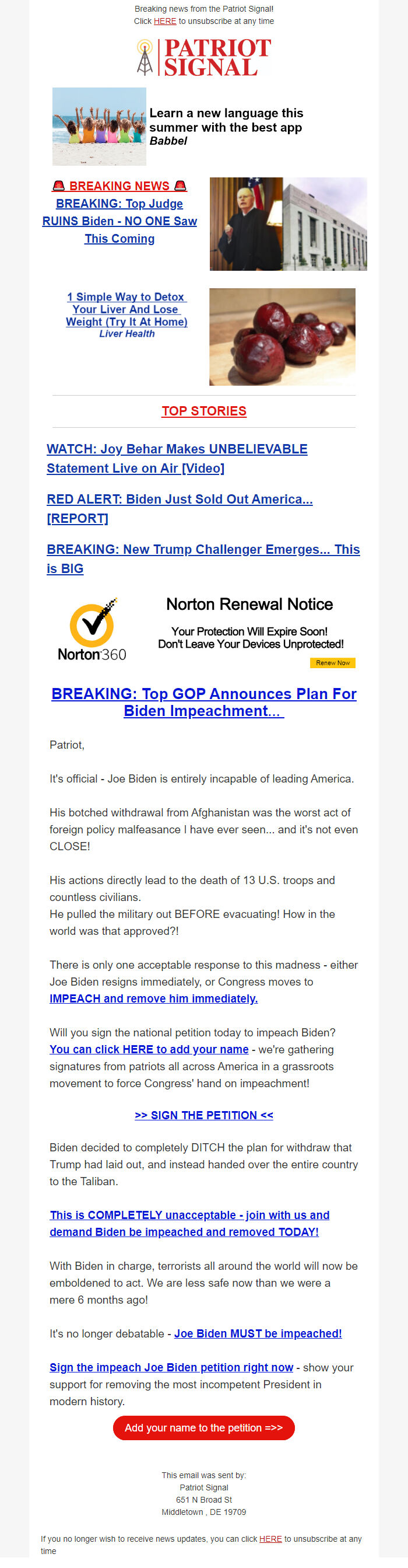 Screenshot of the email generated on import